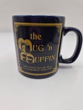 Vintage Kiln Craft Mug N Muffin Oconomowoc Wisconsin Navy Gold Ceramic Coffee Cu